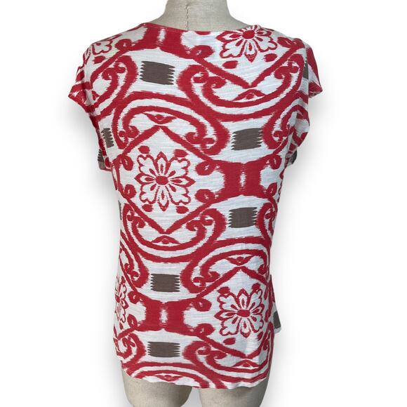 Ella Moss cap sleeve tee, relaxed fit red white abstract floral/tribal print top - Picture 3 of 6